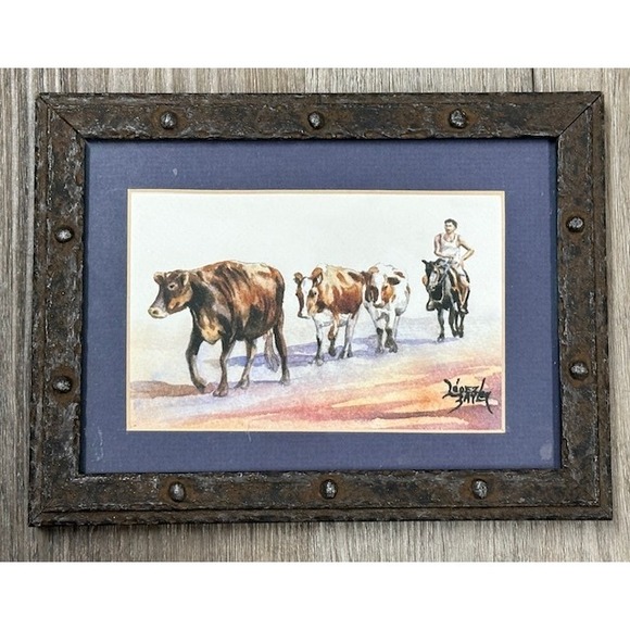 Other - Lopez Baylon Watercolor Painting Cowboy Cattle Herd Rustic Western Framed Art